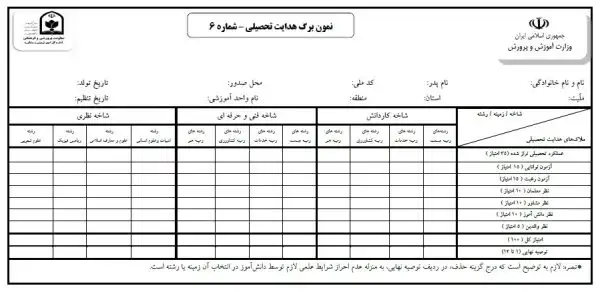 فرم هدایت تحصیلی نهم