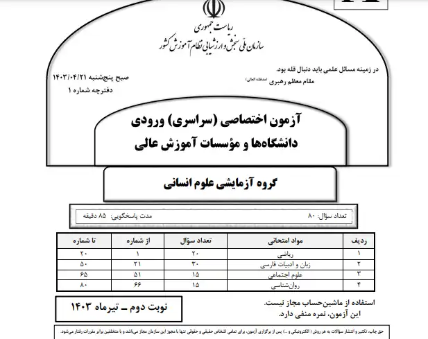 The key to the July human entrance exam booklet