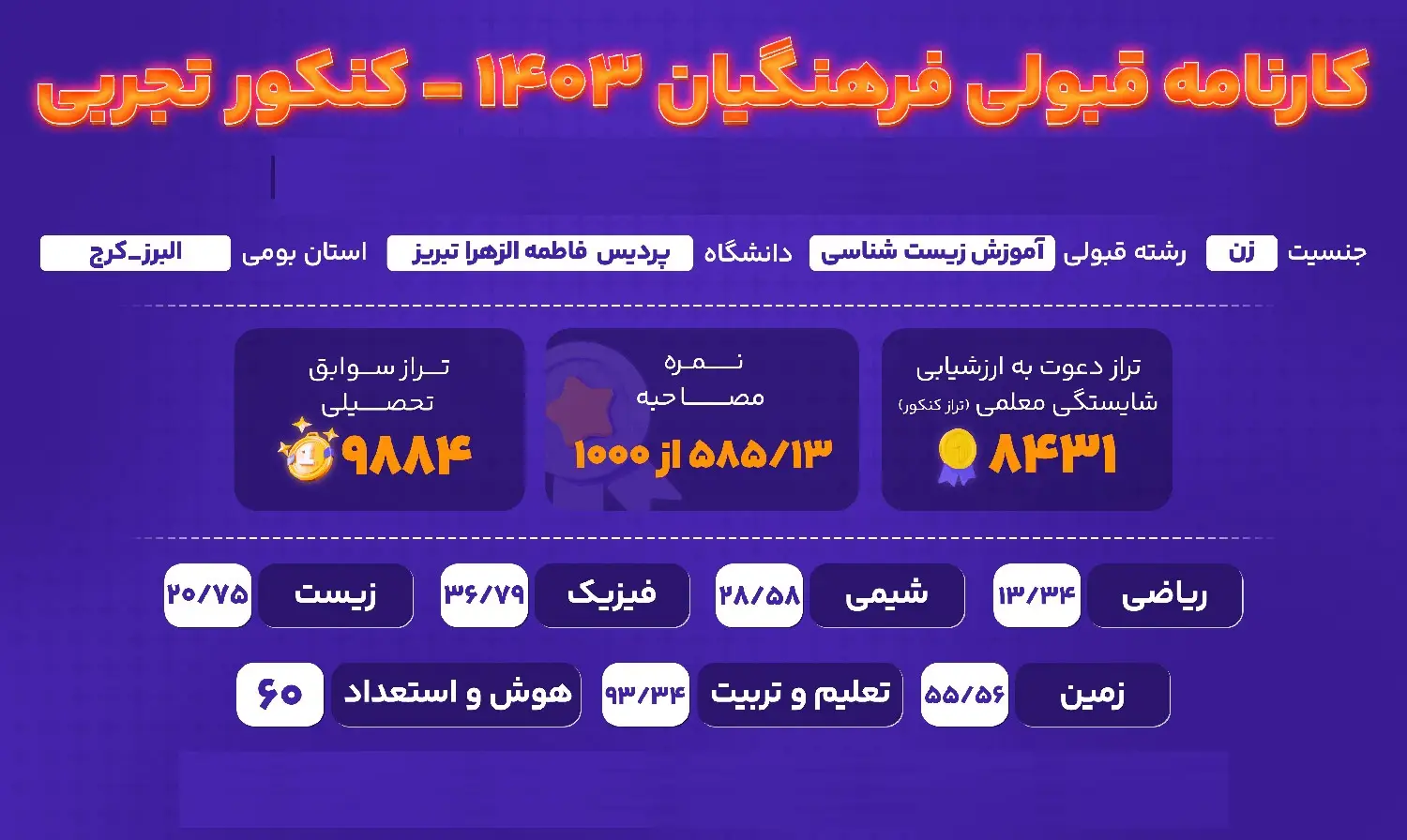 کارنامه قبولی دانشگاه فرهنگیان رشته تجربی ۱۴۰۴ 26 tajrobi2